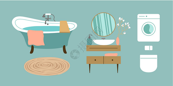 浴室室内矢量插图蓝光毛巾浴缸淋浴房脸盆洗澡卫生间卫生镜子设计插画