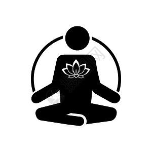 瑜伽老师与黑色泡沫轴瑜伽图标与平面样式的莲花 冥想和爱的概念 白色背景上孤立的瑜伽符号 简单抽象的瑜伽和爱情图标 黑色矢量插图 用于图形设计 Web插画