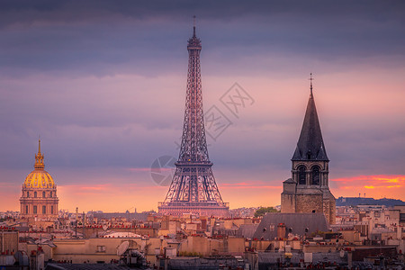 夸德罗Eiffel塔台和法国巴黎日出的法国天堂屋顶城市城市生活住宅正方形建筑旅游文化阁楼地标假期背景