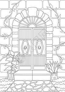 门做造型素材建筑彩页与木门与周围的石头和植物 建筑板材用木头做的门上色 花盆里有花插画