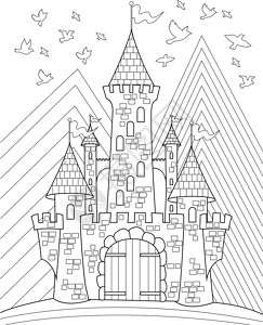空中堡垒轰炸机着色书页与大城堡与旗帜在顶部和鸟在天空中 与有山的老堡垒被上色的板料在背景中 小山的巨大的豪宅插画