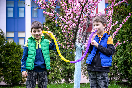 彩色抗压力坐立不安推管儿童玩具 孩子们手中的柔性波纹管 两个男孩在玩感官玩具 有趣的游戏可以培养想象力和精细运动技能童年乐趣男生背景