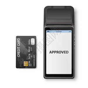 银行卡模板矢量 3d NFC 支付机与批准的状态和孤立的黑色信用卡 Wi-Fi 无线支付 POS 终端 机器设计模板 银行支付非接触式终端设计图片