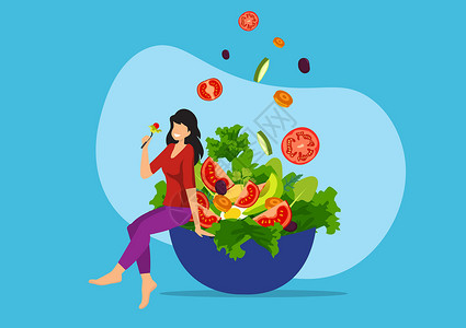 一碗健康沙拉女孩坐着吃沙拉 黄瓜 番茄 素食以增进身体健康设计图片
