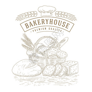 面粉小麦带有面包制品的篮子谷物草图餐厅标识食物边界收藏店铺羊角粮食插画