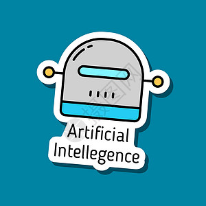 人工智能颜色矢量贴纸 带有刻字的机器人贴纸 机器人颜色填充贴纸 深蓝色上有阴影 人工智能机器人现代技术背景图片