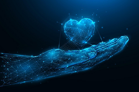 凝心聚力慈善或爱情概念 深蓝色背景上带有心形符号的手掌的抽象矢量插图 心脏移植和器官捐赠概念低聚设计设计图片