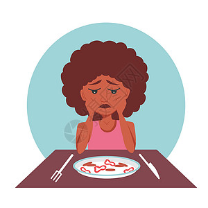 瘦不下来非常瘦的非裔美国黑人女性患有精神障碍 厌食症和贪食症 看着一盘减肥食品 不敢吃 对自己的体重不满意 想减重插画