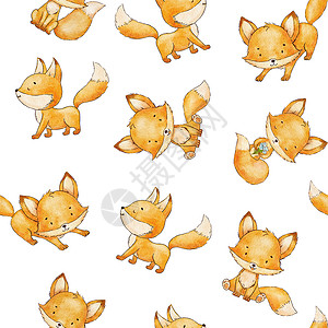 素材网水彩可爱的小狐狸 水彩色的婴儿无缝模式 在白色上孩子狐狸水彩小动物动物卡片艺术绘画卡通片活动背景