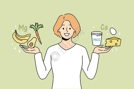 饮食保健手持镁和钙制品的微笑妇女;插画