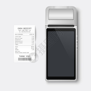 黑色苹果样机矢量 3d 黑色 NFC 支付机和纸质支票 收据隔离 WiFi 无线支付 POS 终端 银行支付非接触式终端的机器设计模板 样机设计图片