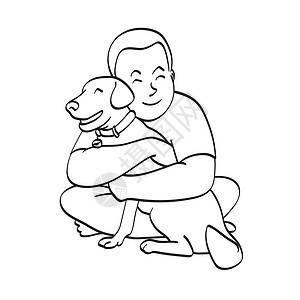 狗手绘黑白线男人拥抱他的狗插图矢量手 在白色背景线艺术上被孤立插画