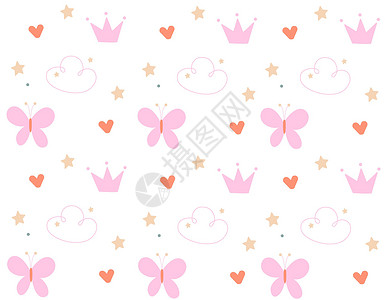 蝴蝶王冠素材带有粉红蝴蝶 皇冠和可爱心脏的婴儿模式插画