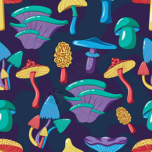 海浪无缝背景无缝模式与迷幻致幻蘑菇的无缝模式 以70年代嬉皮士风格 在黑暗的抽象背景下涂鸦催眠旅行药品打印魔法墙纸海报海浪漩涡设计图片