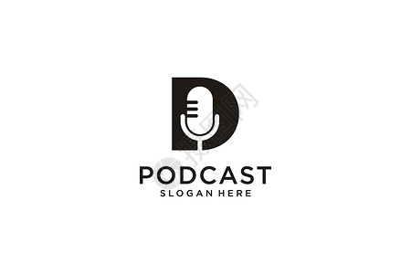 首字母D 配有麦克风 Podcast 播客徽标设计模板背景图片