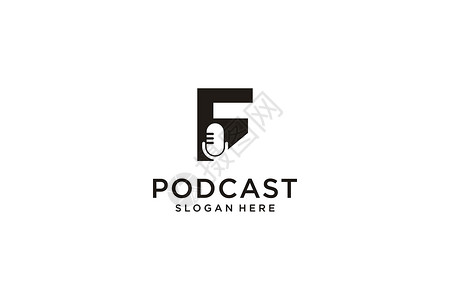 首字母F 带有麦克风 Podcast 播客徽标设计模板背景图片