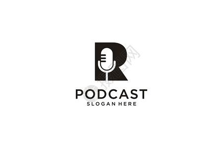 首字母R 带有麦克风 Podcast 播客徽标设计模板背景图片