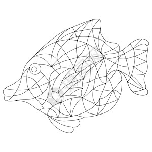 彩色玻璃风格的黑白插图与抽象鱼 着色书和着色页的图像水族馆填色本水下生活条纹装饰品数字黑色海洋艺术蜡染背景图片