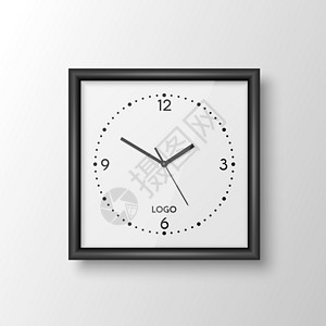 挂在墙上的钟矢量 3d 逼真方形墙壁办公室时钟与黑色框架 设计模板隔离在白色 使用罗马数字拨号 用于品牌和广告隔离的挂钟模型 钟面设计手表工设计图片