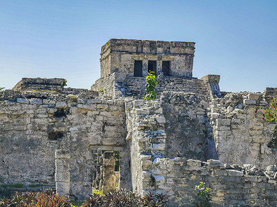 古代图鲁姆毁灭了玛雅遗址的马雅寺庙金字塔地标废墟文化天堂金字塔城市历史海滩石头热带背景图片