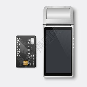 银行卡样机矢量 3d NFC 支付机和信用卡 Wi-Fi 无线支付 POS 终端 银行支付非接触式终端的机器设计模板 样机 顶视图设计图片