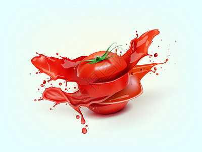 番茄酱蛋包饭3D 新鲜番茄加果汁广告饮料运动花园液体产品嘲笑食物飞溅水果插画