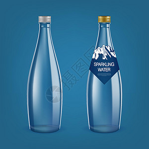 瓶子标签3D打火水瓶 清除标签矿物瓶子蓝色饮料气泡塑料液体品牌水合物钻石插画