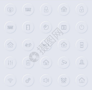 家居促销主图圆形橡胶按钮上的智能家居线灰色图标 为 web 移动应用程序 ui 设计和促销业务测绘术设置的智能家居图标插画