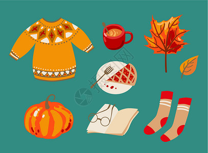 九月再见十月你好可爱的秋天的东西 毛衣 南瓜 茶叶 可可 蛋糕 袜子插图涂鸦馅饼收藏橙子卡通片贴纸季节海报咖啡设计图片