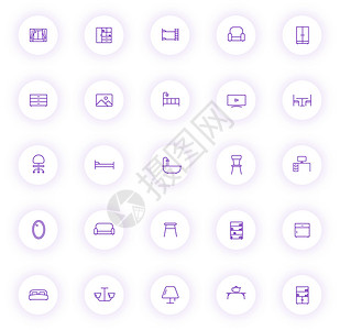 带有紫色阴影的浅色圆形按钮上的家具紫色轮廓图标 为 web 移动应用程序 ui 设计和打印设置的家具图标背景图片