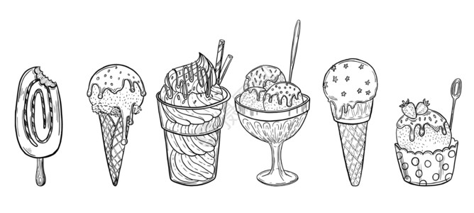 手工冰淇淋手工绘制的冰淇淋插图 矢量草图 冰淇淋绘面条收藏插画