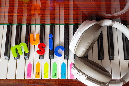 音乐会字体在钢琴特写上写有音乐 字母 乐笔和耳机的招贴画背景