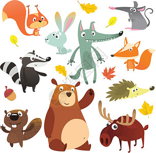 灰松鼠卡通森林动物角色 野生卡通可爱动物套装 松鼠 老鼠 獾 狼 狐狸 海狸 熊 驼鹿插画