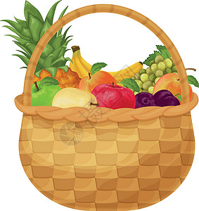 蔬菜水果篮水果篮 如香蕉 菠萝 葡萄 桃子以及苹果 梨和李子 水果篮 在柳条篮子里的水果 在白色背景上孤立的矢量图插画