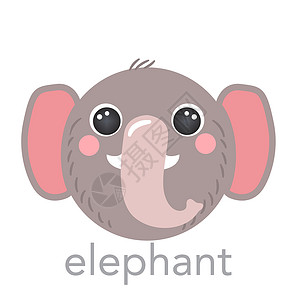 大象可爱的肖像 有姓名文字笑脸漫画头 圆形动物脸孔 孤立矢量图标插图插画