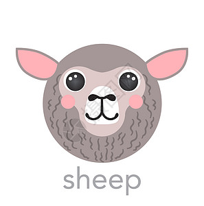 鼻子有病的动物羊排剪切肖像 有姓名文字微笑头卡通圆形动物脸孔 孤立的羔羊阿凡达矢量图标平插画