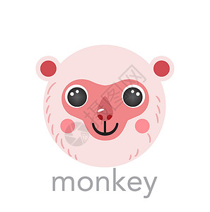 猕猴头日本可爱猴子日本肖像阿凡达 名字为文字微笑头卡通 圆形动物脸 孤立矢量图标插画