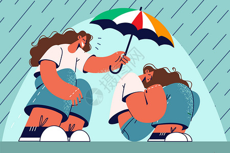 马用雨毯人用雨伞覆盖不快乐的妇女设计图片