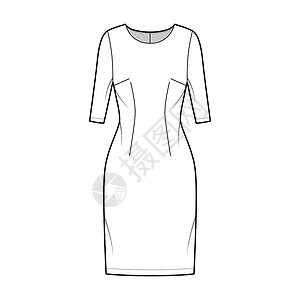 带肘袖 合身 及膝铅笔裙平装正面的裙装技术时尚插图袖子计算机背心女士草图小样女性服饰吊带长袍背景图片