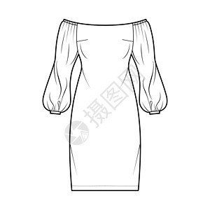 穿脱肩的巴多特技术时装插图 用长帆袖子 合身和膝部长度铅笔裙子太阳裙衬衫设计女士空白白色计算机服装棉布绘画插画