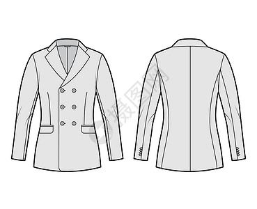 两件适合穿衣的夹克符合技术时装插图 配有双乳 未加标记的胸颈领 扇形口袋 臀部长度大衣衬衫风俗定制绘画男装套装裙子男性绅士设计图片