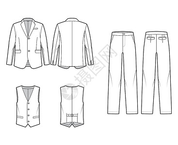 施瓦本口袋西装三件套-经典单排扣超大裤装 夹克和背心技术时尚插画设计图片
