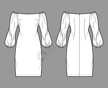 穿脱肩的巴多特技术时装插图 用长帆袖子 合身和膝部长度铅笔裙子衬衫计算机男性设计女性草图达人小样空白服饰插画