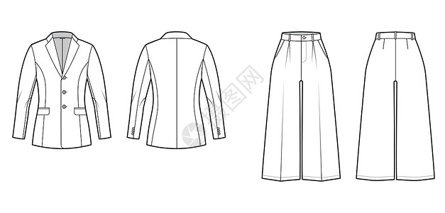 一套裙裤套装-经典夹克技术时尚插图 两件套 单排扣 合身平底设计图片