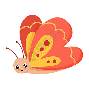 白色背景上孤立的可爱的 笑脸的红蝴蝶 儿童有趣的昆虫 平板卡通矢量插图背景图片