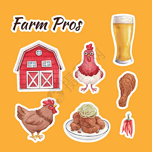 装有养鸡场食品概念的粘贴板模板 水色风格食物家禽广告动物小鸡啤酒水彩农家院玩具公鸡背景图片