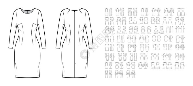 用长手肘袖 A-线 圆形整装裙绘制一套草编脱衣裤临时技术时装图示插画