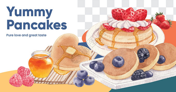 蓝莓蜂蜜松饼Facebook模板 带有快乐的煎饼日概念 水彩色风格饼子糖浆早餐浆果小吃面包媒体咖啡店营销午餐插画