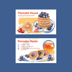 早餐蜂蜜姓名卡模板 带有快乐煎饼日概念 水彩色风格商业甜点广告饼子巧克力蜂蜜糖浆早餐浆果营销插画