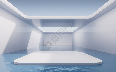 里面有水的空房间 3D翻接天空展示平台隧道渲染阴影房子讲台陈列柜水池背景图片